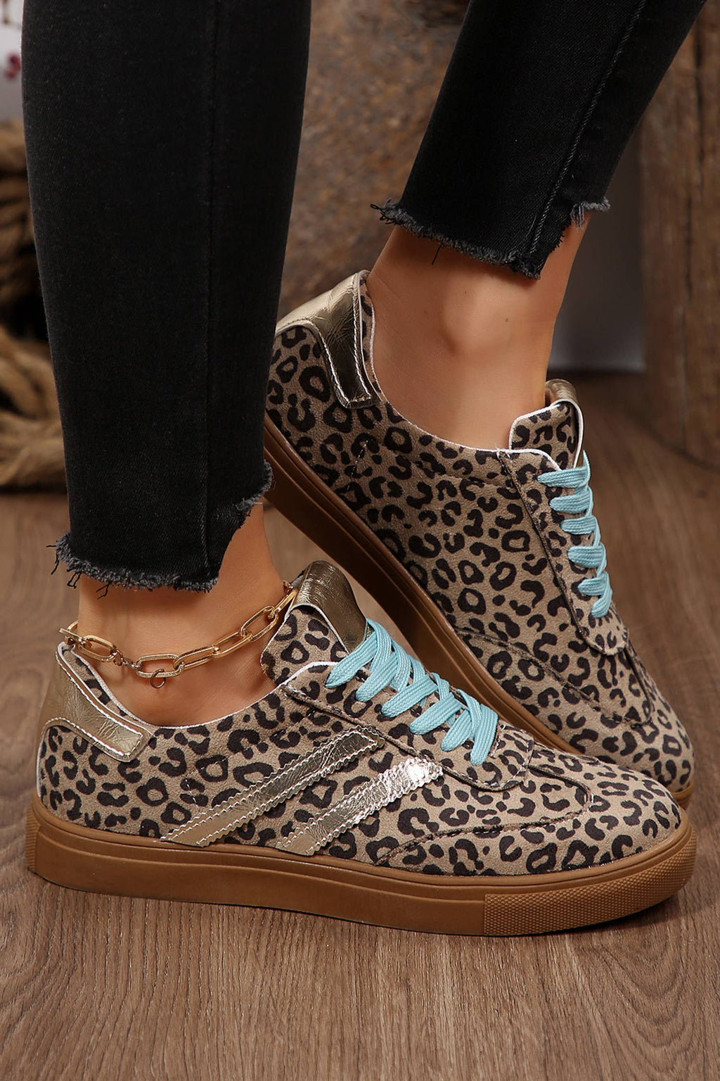 LDC Leopard Print Sleek PU Leather Detail Lace Up Sneakers