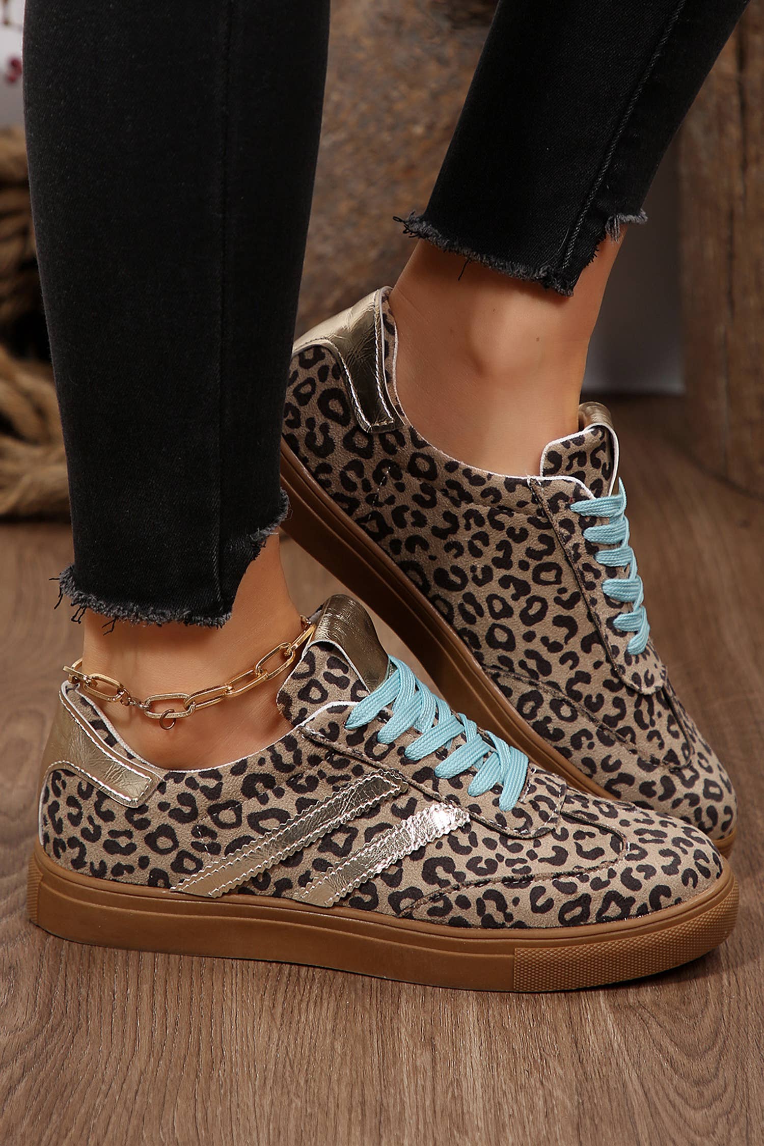 LDC Leopard Print Sleek PU Leather Detail Lace Up Sneakers