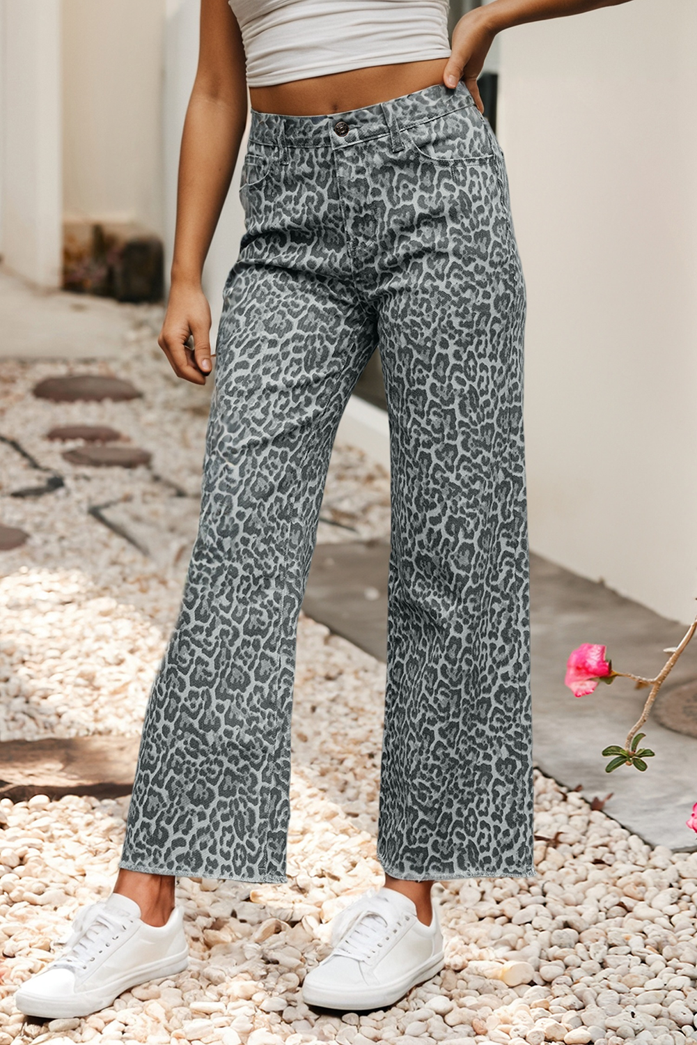 Leopard Frayed Wide Leg High Waist Jeans