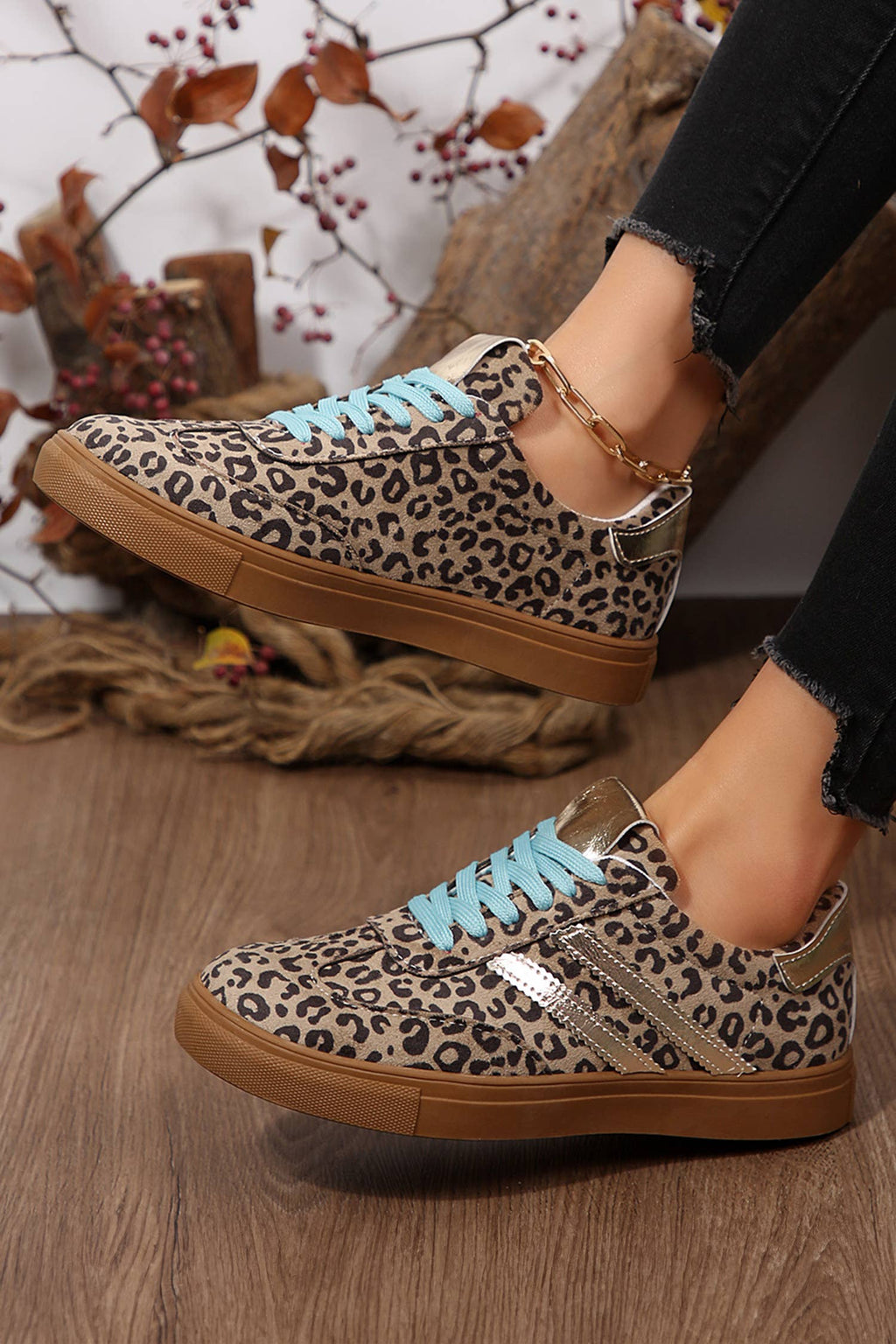LDC Leopard Print Sleek PU Leather Detail Lace Up Sneakers
