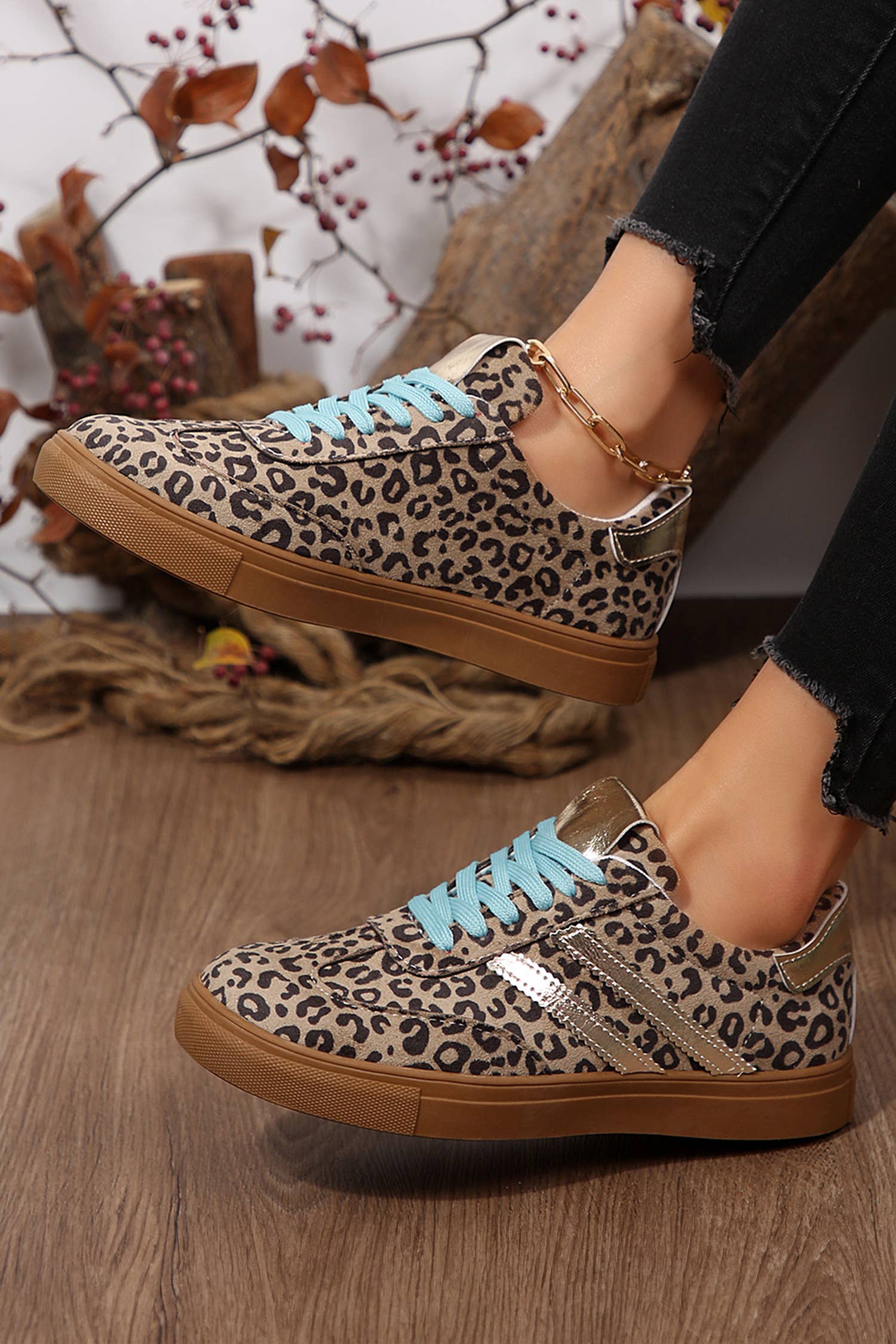 LDC Leopard Print Sleek PU Leather Detail Lace Up Sneakers