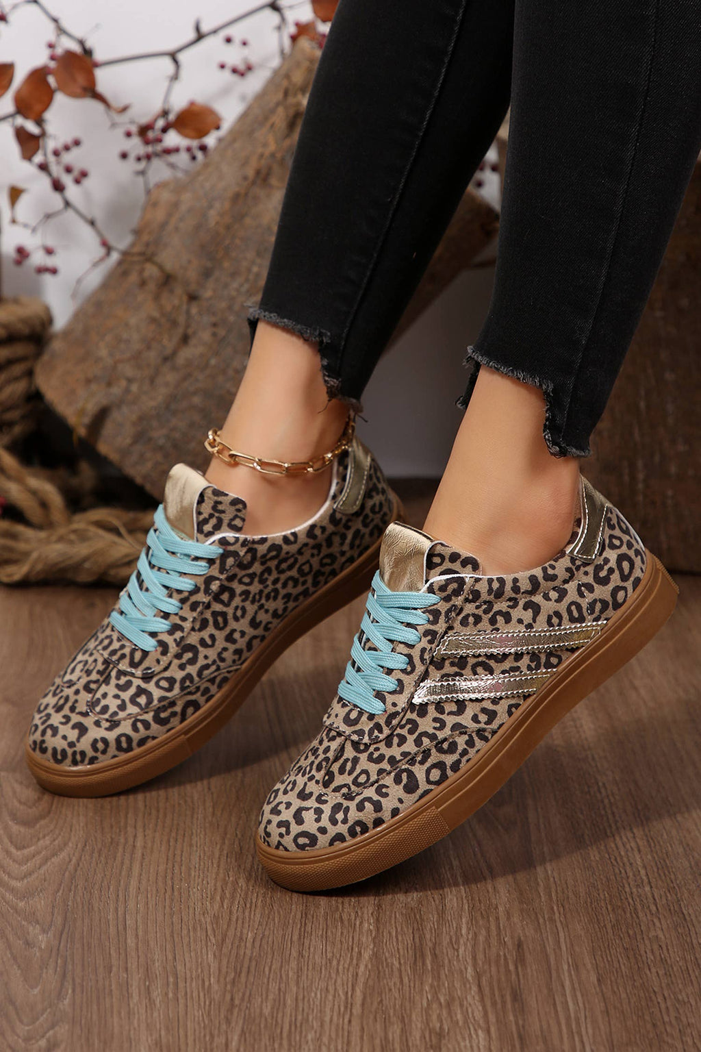 LDC Leopard Print Sleek PU Leather Detail Lace Up Sneakers