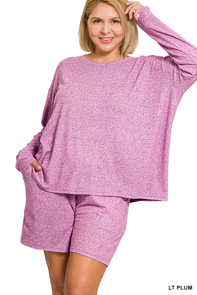Plus soft melange long sleeve tee & shorts set
