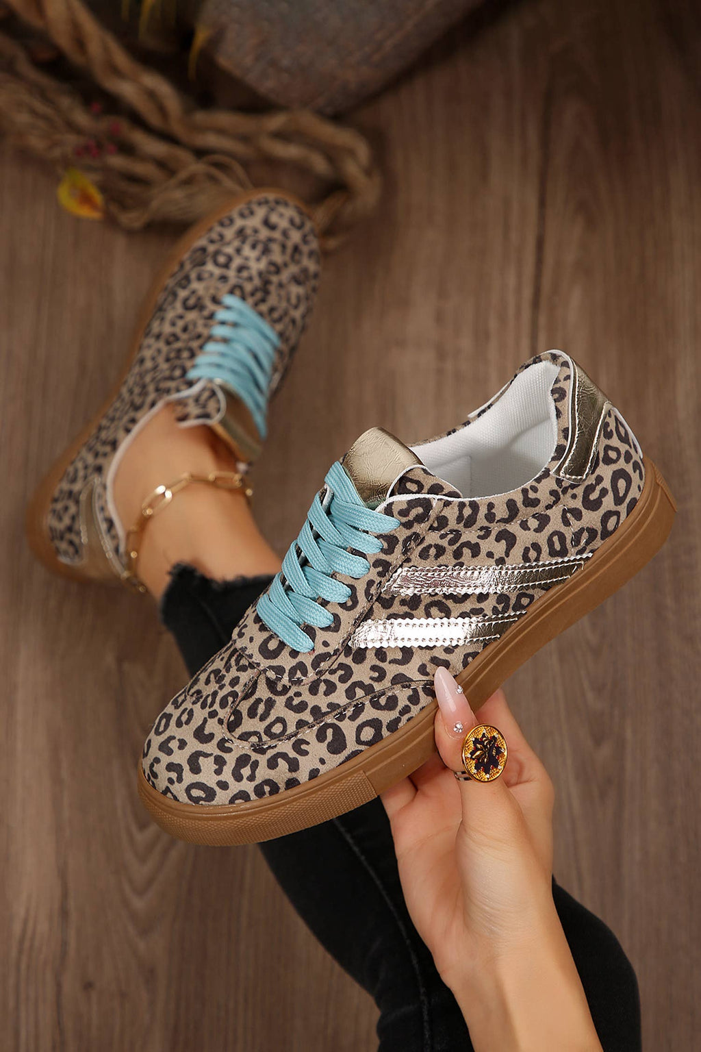 LDC Leopard Print Sleek PU Leather Detail Lace Up Sneakers