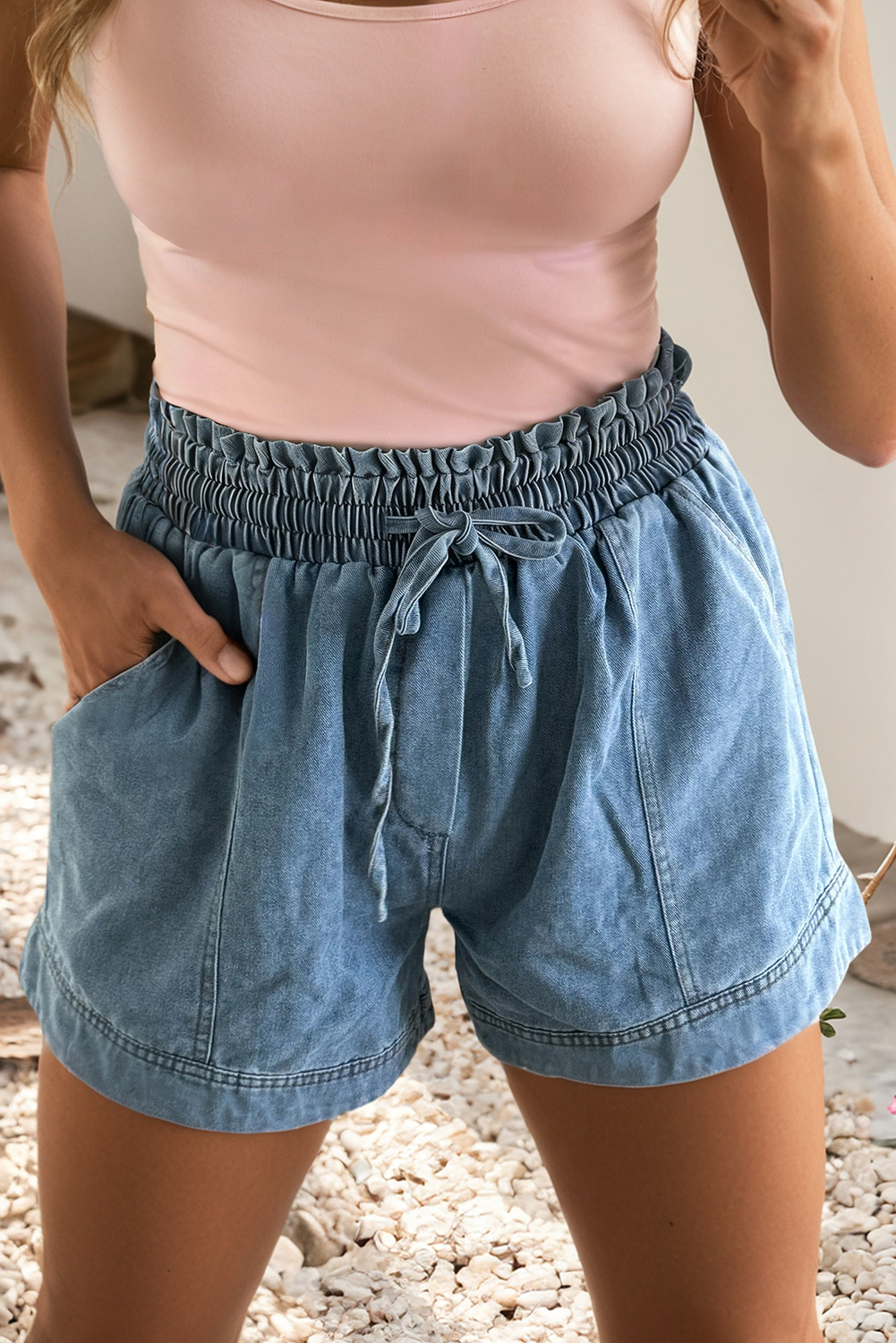 Elastic Waist Denim Shorts