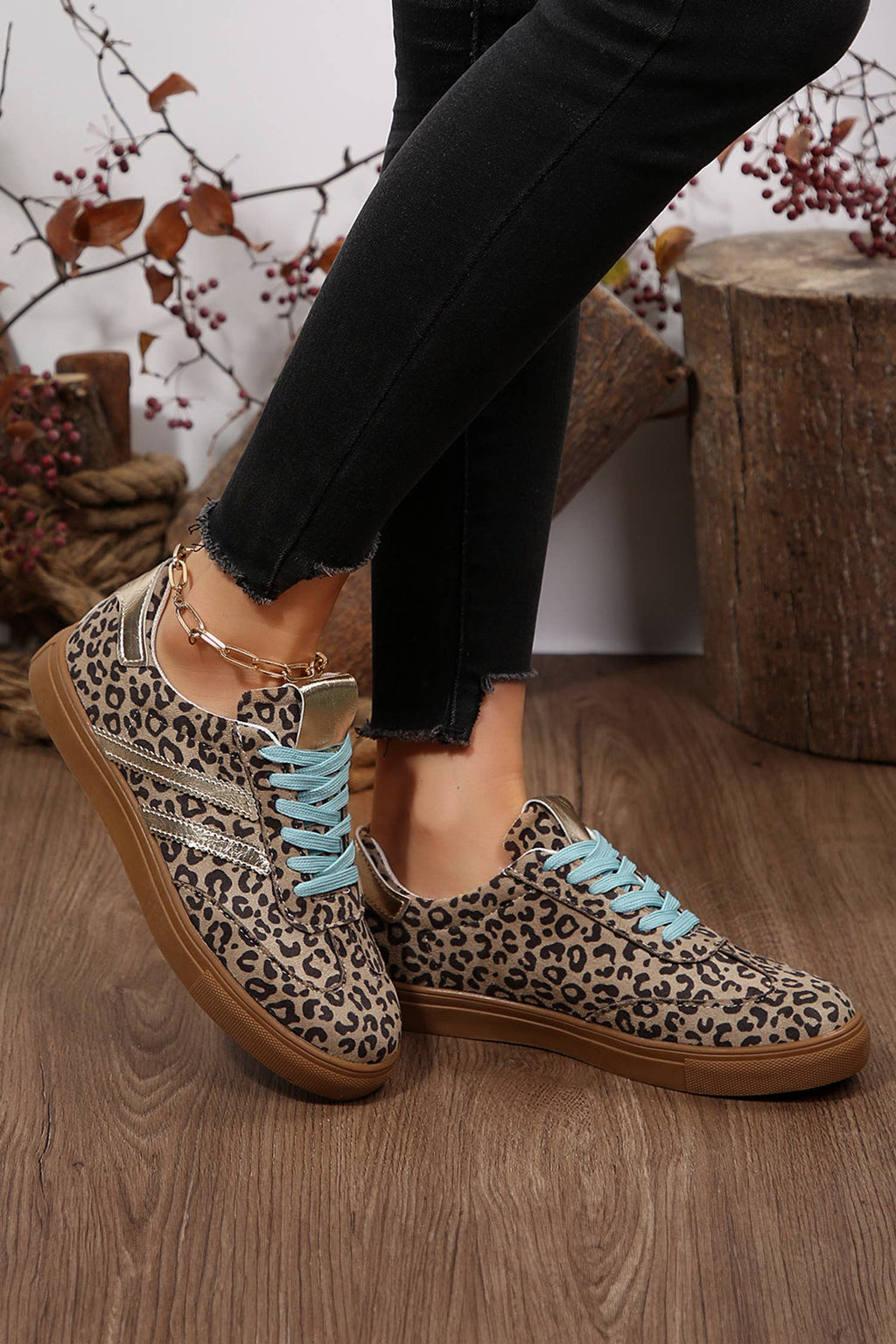 LDC Leopard Print Sleek PU Leather Detail Lace Up Sneakers