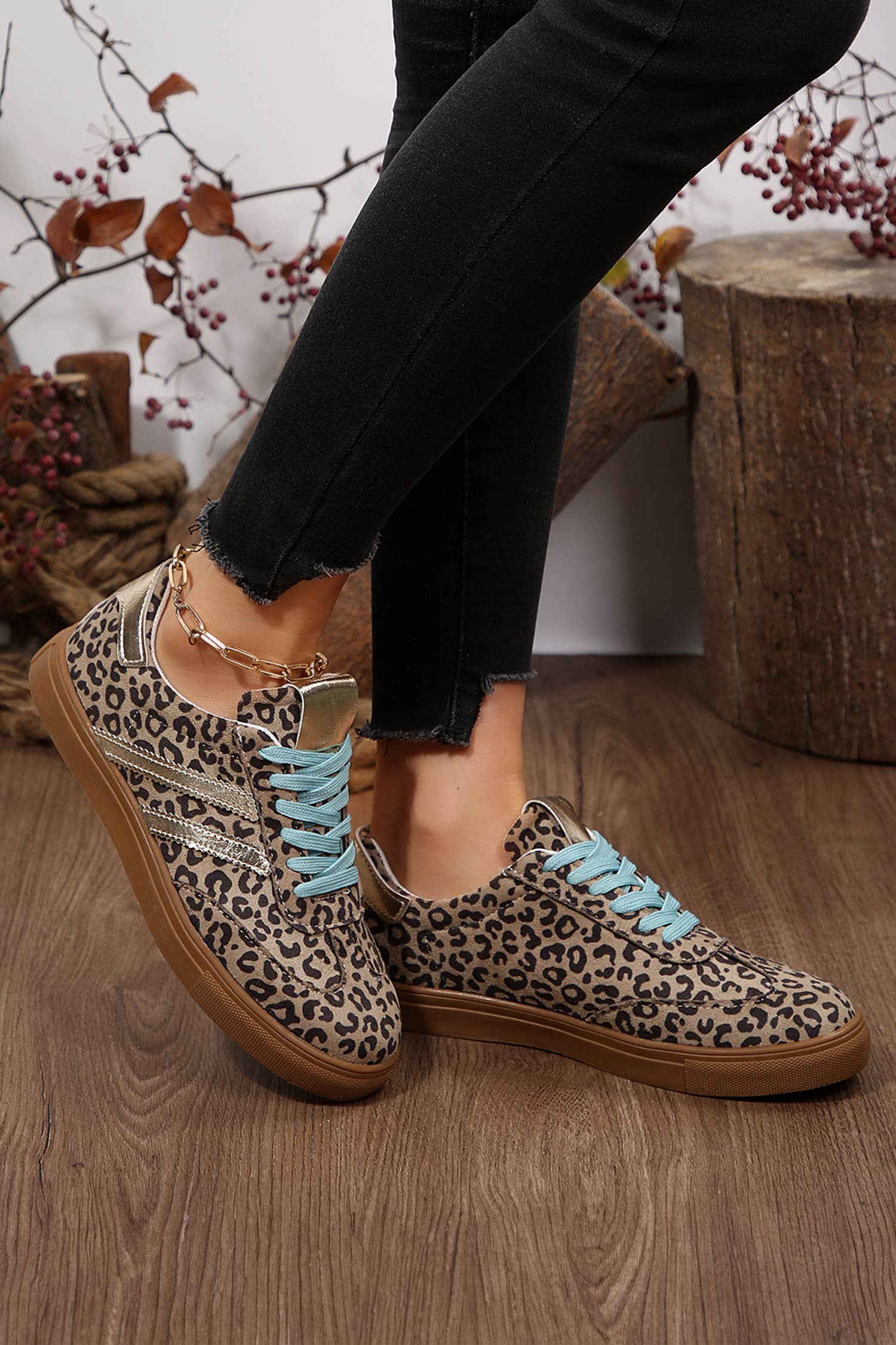 LDC Leopard Print Sleek PU Leather Detail Lace Up Sneakers