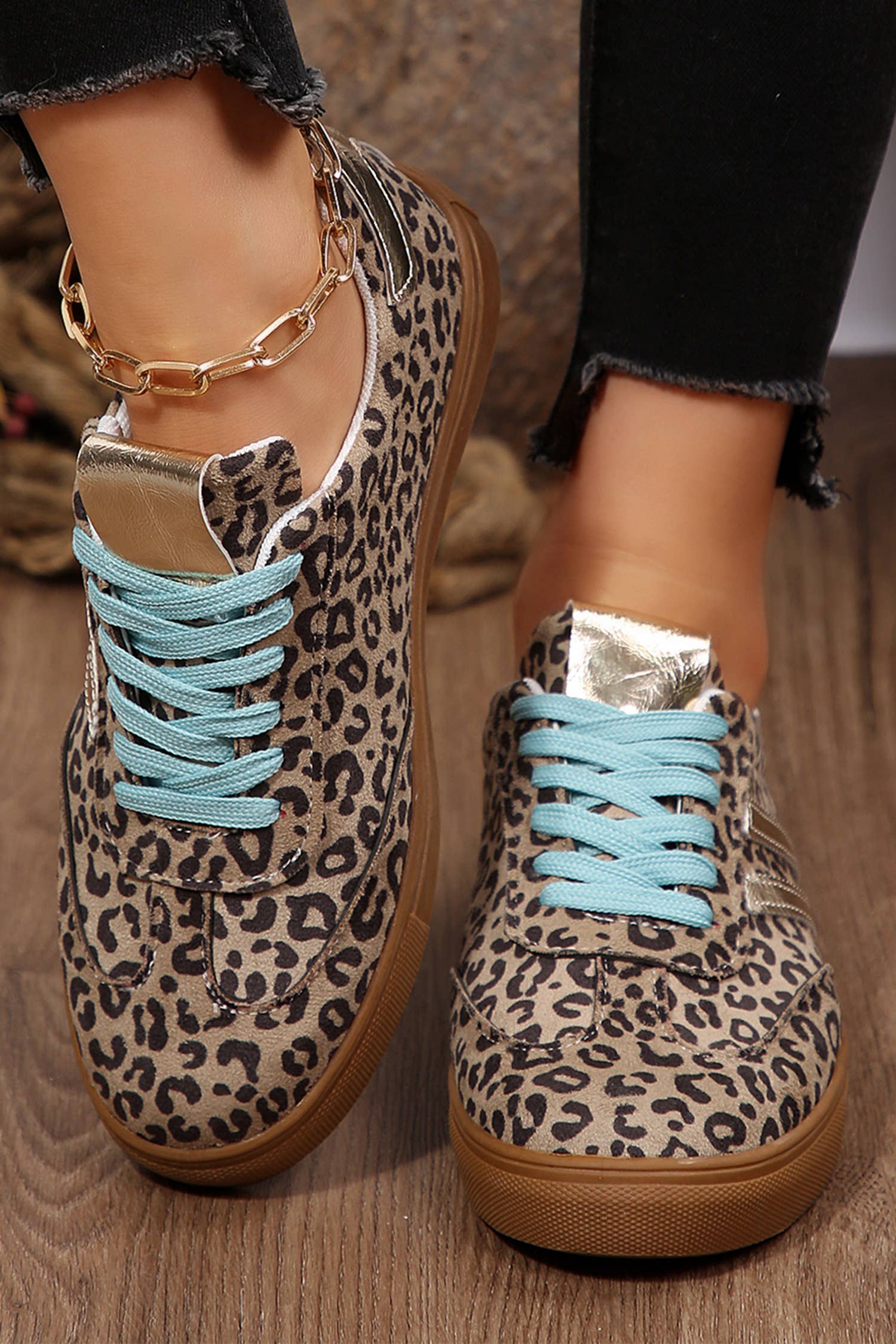 LDC Leopard Print Sleek PU Leather Detail Lace Up Sneakers